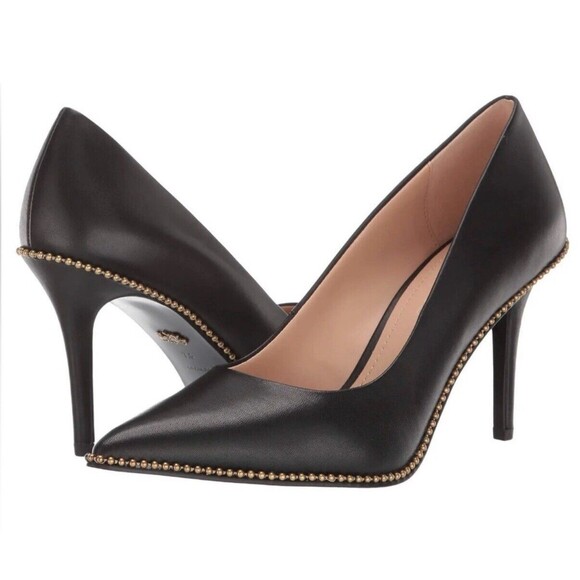 COACH Waverly Leather Pump With Beadchain In Black & Gold Sz 6 - Picture 1 of 12